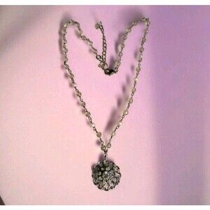 VTG Dainty Rhinestone Faux Pearl Gun Metal Victorian Revival Pendant Necklace